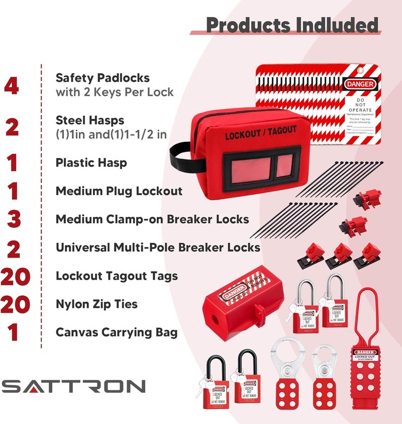 SATTRON Lockout Tagout Kit Electrical Loto: Lockout Hasps, Safety Padlocks, Plug Lockout, Clamp On and Universal Multipole Circuit Breaker Lockouts, Lockout Tags, Nylon Zip Ties, Red Carrying Bag for Safety - Image 2